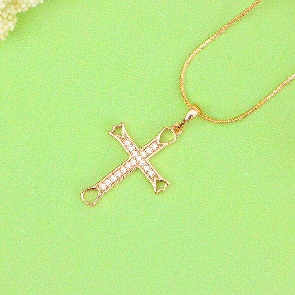 "Elegant Rose Gold Cross Pendant with CZ Stones and Cutout Design, XPPT1848 - Picture 11 of 13